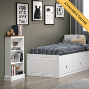 Tall narrow bookcase with a vertical silhouette and warm pine finish, ideal for tight spaces; height 176cm, width 46cm, depth 20cm; weight 11.5kg.