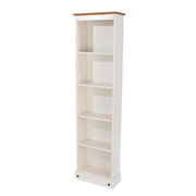 Space-saving shelving unit featuring a slim profile and natural pine grain, perfect for hallways or corners; dimensions: 176cm H × 46cm W × 20cm D; weighs 11.5 kilograms.