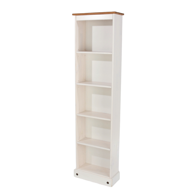Space-saving shelving unit featuring a slim profile and natural pine grain, perfect for hallways or corners; dimensions: 176cm H × 46cm W × 20cm D; weighs 11.5 kilograms.