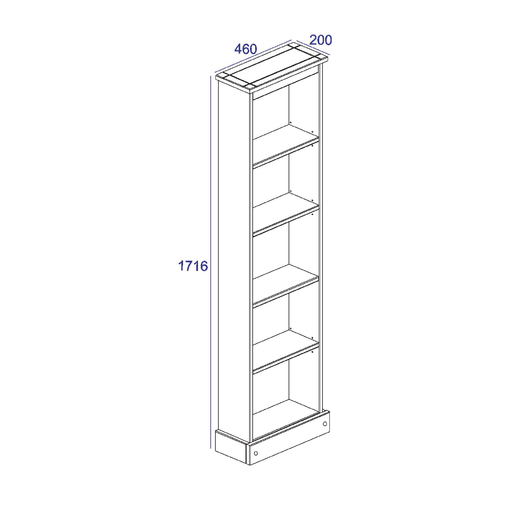 Slender floor-to-ceiling bookshelf with a rustic pine look, offering vertical storage without taking up much room; measures 176cm tall, 46cm wide, and 20cm deep; total weight 11.5kg.