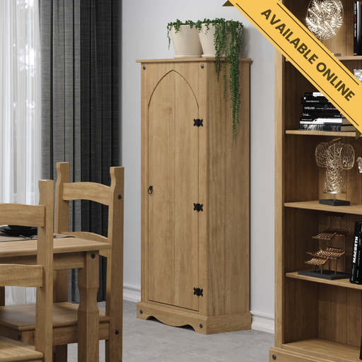 Compact vestry cupboard with cottage-style charm and practical storage, 143.5cm high, 60cm wide, 31.6cm deep, weighing 21kg.