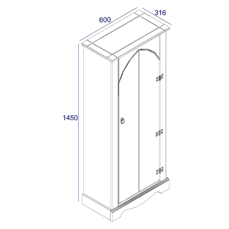 Slim-profile vestry cupboard with traditional design and functional interior space, 143.5cm tall by 60cm wide by 31.6cm deep, 21kg in weight.