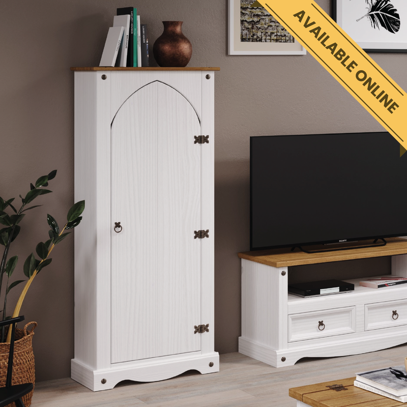 Compact and sturdy Vestry cupboard perfect for storing essentials in hallways, kitchens, or living areas; height 143.5cm, width 60cm, depth 31.6cm; weight 21kg.