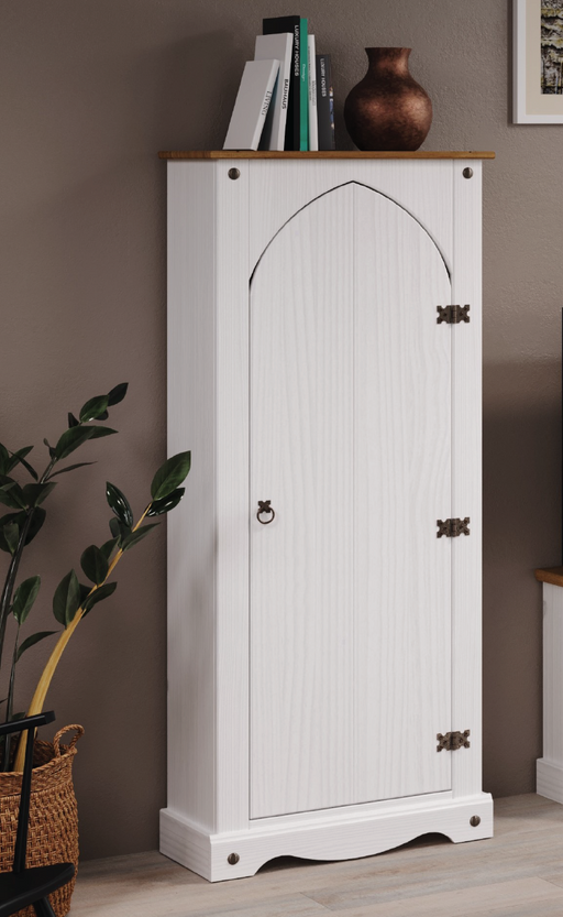 Compact and sturdy Vestry cupboard perfect for storing essentials in hallways, kitchens, or living areas; height 143.5cm, width 60cm, depth 31.6cm; weight 21kg.