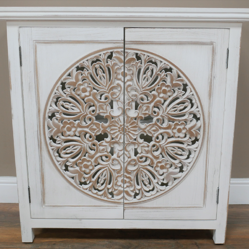 Elegant two-door cabinet featuring white finish with gold carved accents, dimensions 84cm H x 80cm W x 36cm D, weight 14.5kg.