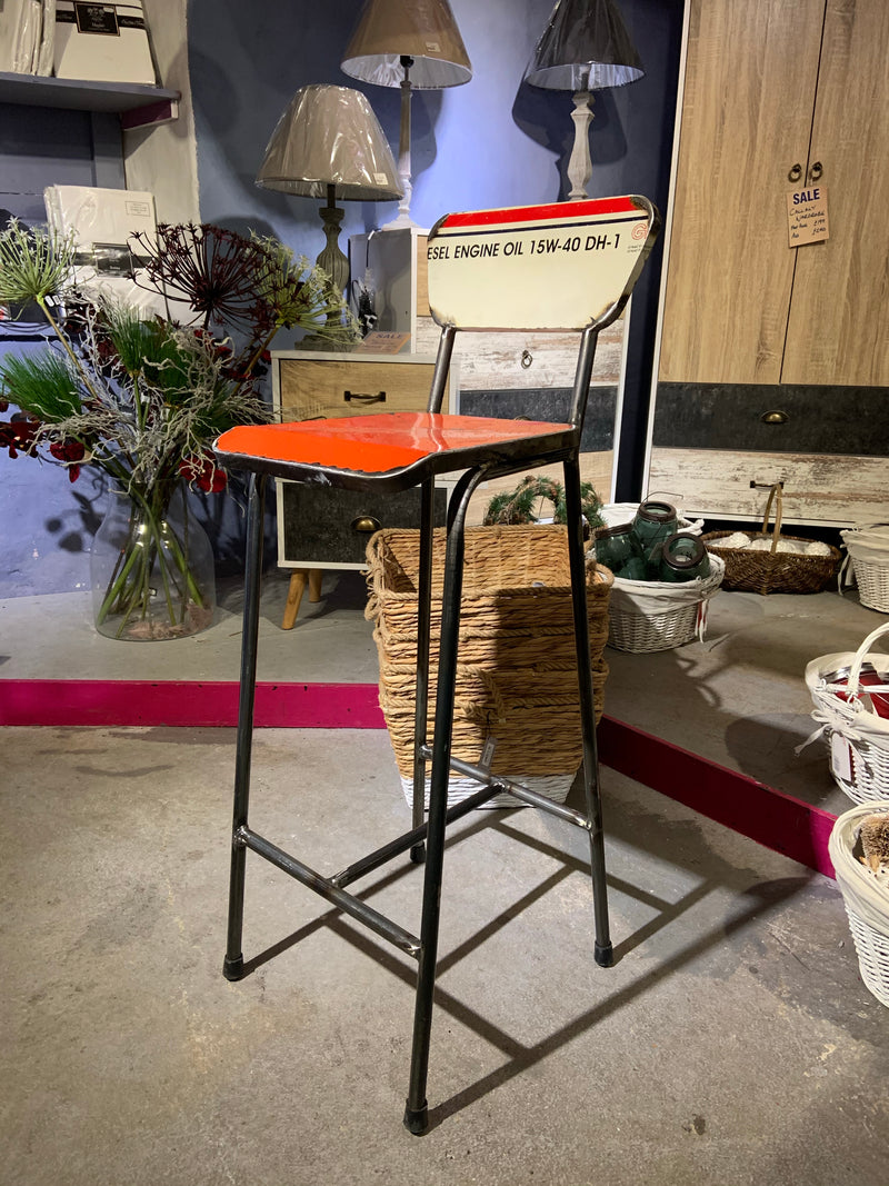 Oil Barrel Upcycled Bar Stool - Orange Engine Oil