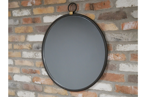 A sleek round mirror with a thin black frame and subtle gold accents, offering a modern and elegant look.